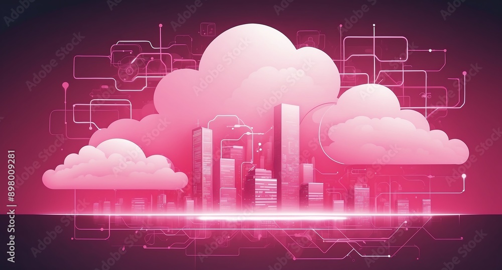Poster pink theme cloud computing infrastructure concept tech technology abstract background with copy spac