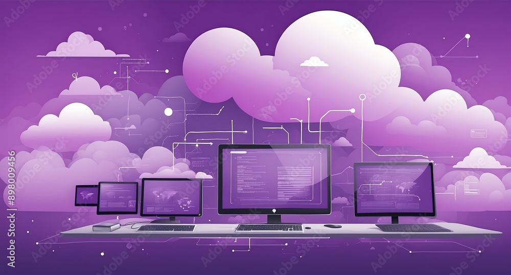 Poster purple theme cloud computing infrastructure concept te technology abstract background with copy spac