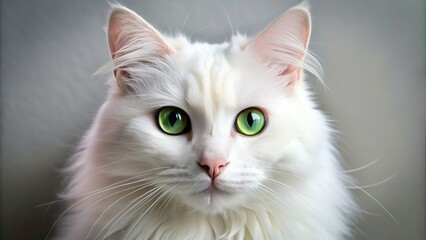 Adorable white fluffy cat with piercing bright green eyes gazes directly at the camera, showcasing its serene and gentle personality in a close-up portrait.