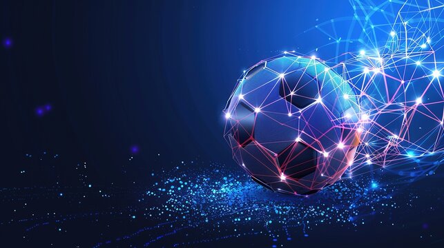Isometric Low Poly Soccer Ball with Neon Glowing Lines on Dark Blue Background, Digital Art Style with Geometric Shapes and Holographic Effects