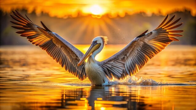 Majestic pelican spreads its enormous wings, capturing the grandeur of nature and wildlife, bathed in warm golden light during the serene golden hour.