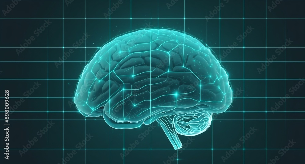 Poster teal hologram brain projection grid technology abstract background with copy space