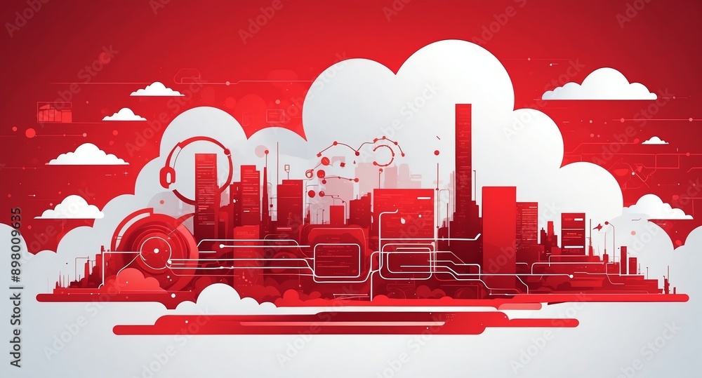 Poster red theme cloud computing infrastructure concept techn technology abstract background with copy spac
