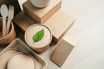 Eco friendly paper tableware and packaging made from biodegradable materials. zero waste and recycling concept. Green package or disposable for sustainable environmental and environmental protection