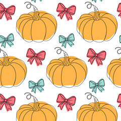 Seamless pattern of pumpkins and bows with colored spots in doodle style on a white background. Autumn background. Vector illustration