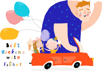 Father with his children driving by car. Happy weekend. Vector illustration