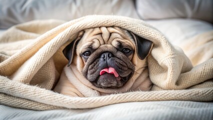 Adorable pug dog snoozes peacefully in bed, snuggled up in a soft blanket, tongue lazily sticking out, epitomizing relaxation and cuteness.
