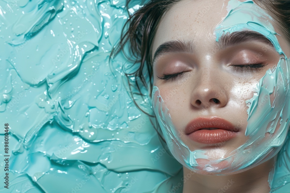 Wall mural Skin Care Portrait. Woman Beauty Face on Turquoise Background - generative ai