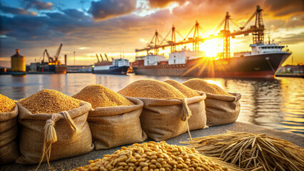 Golden wheat grains overflowing from large sacks stacked on a rusty ship's deck, ready for international export, with a blurred background of a busy port city.