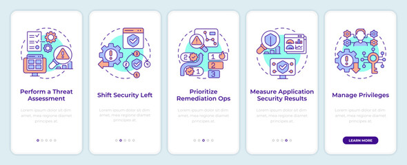 Application security best practices onboarding mobile app screen. Walkthrough 5 steps editable graphic instructions with linear concepts. UI, UX, GUI template. Montserrat SemiBold, Regular fonts used