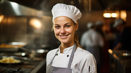 A female chef, wearing a white toque and a grey apron, smiles confidently while standing in a busy restaurant kitchen