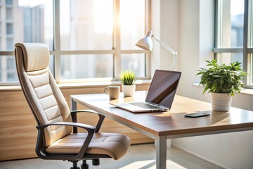 Asian-inspired desk setup with ergonomic chair, modern laptop, papers, and stationery, illuminated by soft natural light, against a clean white minimalist background.