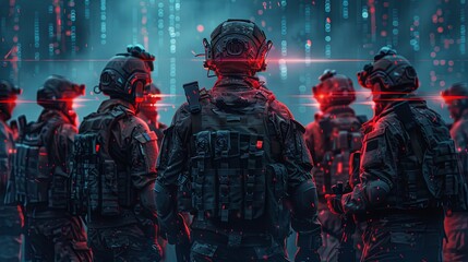 Military forces command through a tablet with augmented reality, utilizing AI for internet-based programming control and online coordination of the military team