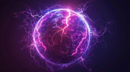 Electric sphere with lightning circle strike, plasma orb in purple, isolated against a dark backdrop. Intense electrical discharge with magical energy burst