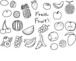 モノクロ手描き風シンプルなフルーツのイラストセット