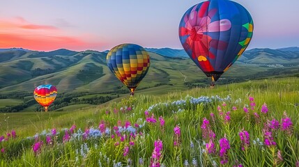 Obraz premium Colorful hot air balloons soar above sunset mountains and meadows in picturesque scenery