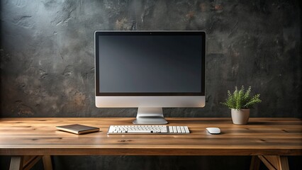 Modern computer with sleek design on a rustic wooden desk against a dark wall, featuring a blank screen perfect for customizing with your digital content.