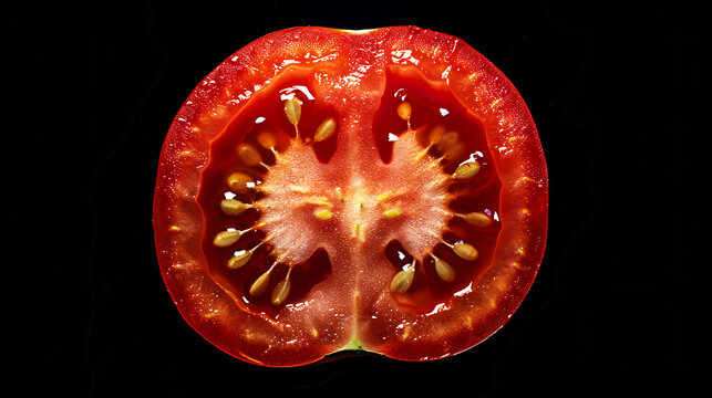 Vibrant Tomato DelightA Stunning Close-Up of a Perfectly Sliced Tomato on a Sleek Black Background