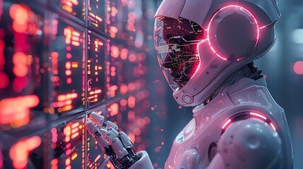 A robotic figure with advanced armor interfaces with a digital data wall, illuminated by neon red lights and holographic displays, ideal for representing AI technology, cybersecurity