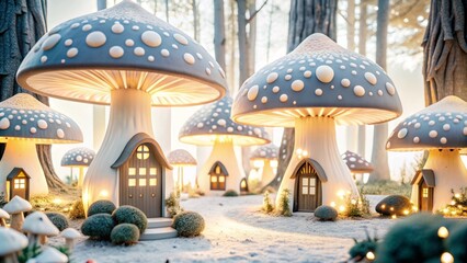 Illustrate a whimsical fairy tale forest, with giant mushrooms, glowing plants, and tiny fairy houses hidden in the trees