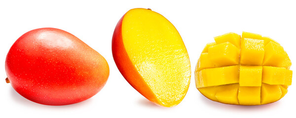 Red mango on white background, Fresh Japanese Elegant mango fruits, Whole fresh Mango, cut into...