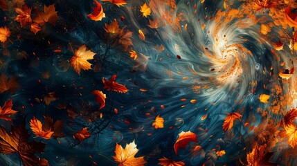 Obraz premium Swirling fall leaves in rich autumn colors, creating a dynamic and captivating scene, seasonal movement concept