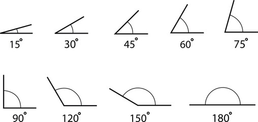 Set of Angle icons. 15, 30, 45, 60, 75, 90, 120, 150, 180 degree measures. Math geometric linear designs element. Trigonometry template. Degree of arc and pie chart isolated on transparent background.