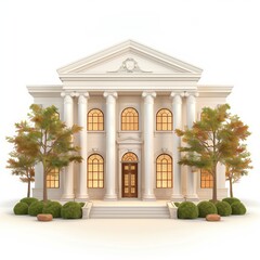 Obraz premium Elegant neoclassical building with columns and warm lighting, surrounded by trees and greenery, evokes a sense of tradition and grandeur.