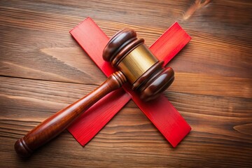 gavel on red x mark. Rejection and refusal at court