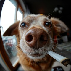 Adorable wide-angle view of a curious dog with a playful gaze and nose close-up, creating a unique perspective.