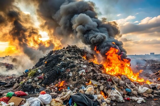 burning trash pile at landfill with black polluted smoke