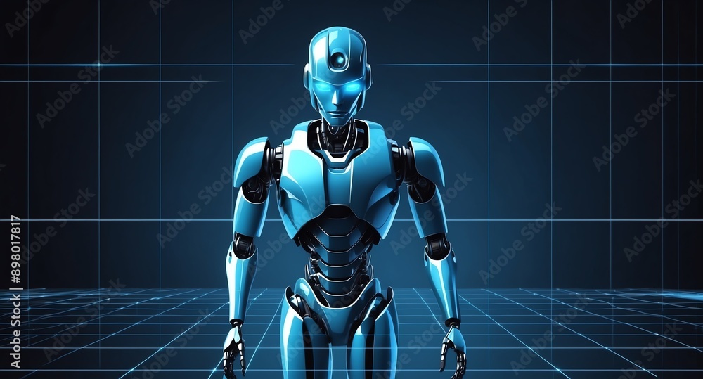 Poster blue hologram robot humanoid projection grid technolog technology abstract background with copy spac