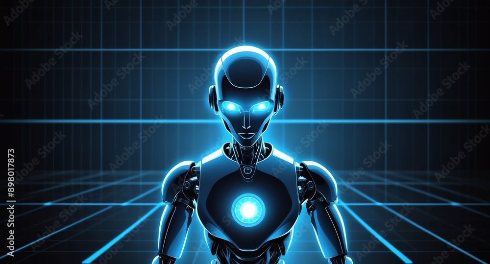 Poster blue hologram robot humanoid projection grid technolog technology abstract background with copy spac