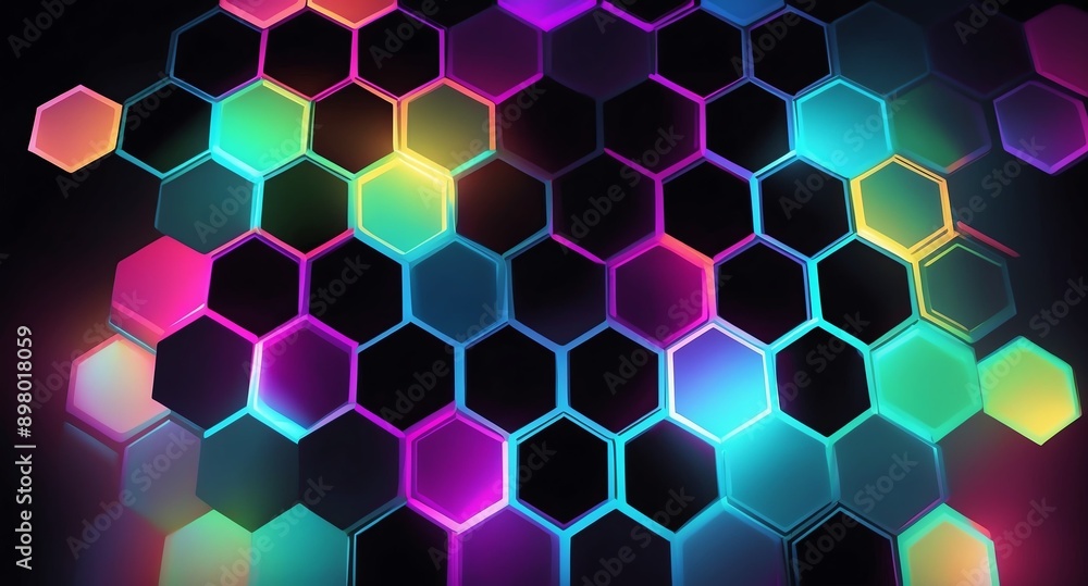 Poster colorful hologram hexagon lights projection grid techn technology abstract background with copy spac