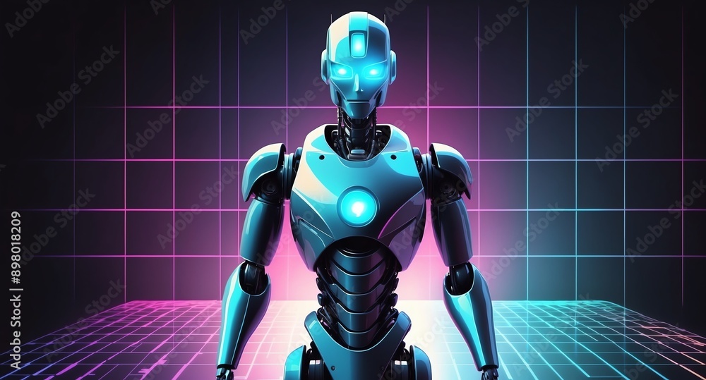 Poster colorful hologram robot humanoid projection grid techn technology abstract background with copy spac