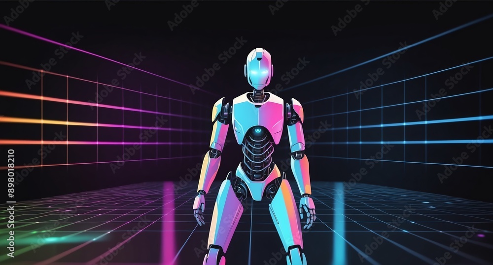 Poster colorful hologram robot humanoid projection grid techn technology abstract background with copy spac
