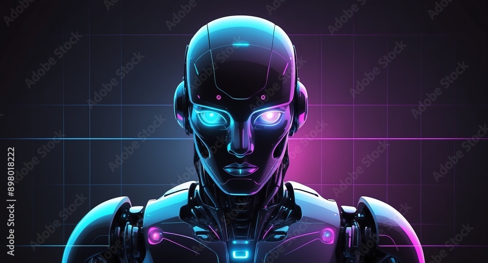 Poster colorful hologram robot humanoid projection grid techn technology abstract background with copy spac