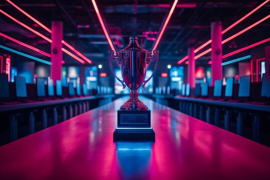 Shiny trophy in futuristic gaming arena with neon lights, depicting victory and competitive spirit. Ideal for esports and gaming industry use.