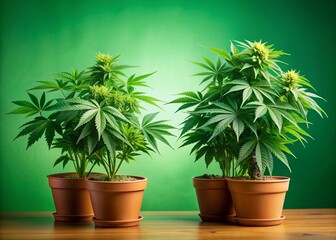Obraz premium Vibrant green potted cannabis plants with lush leaves stand against a calming green background, providing ample copy space for text, ideal for banners or wallpapers.