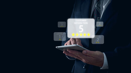 Businessman score 5 virtual stars Satisfaction Assessment Survey Experience feedback business quality, service, service compliments. Best. Five-star rating. service rating Satisfaction Concept.