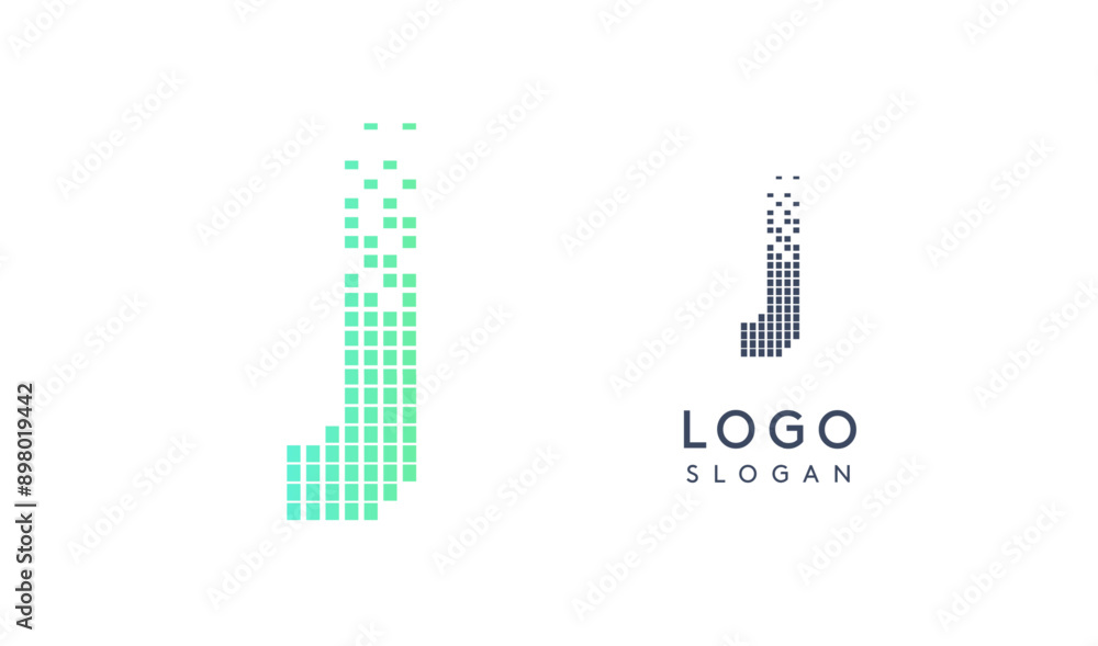 Aufkleber pixelated letter j transitioning into scattered pixels with gradient colors creating modern, digital
