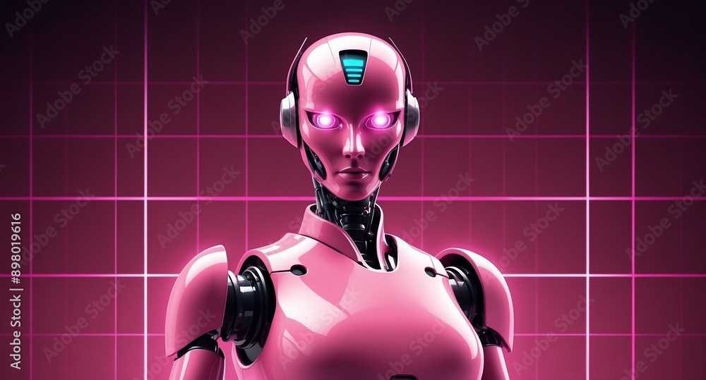 Poster pink hologram robot humanoid projection grid technolog technology abstract background with copy space