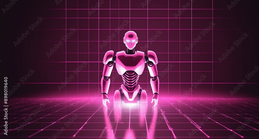 Poster pink hologram robot humanoid projection grid technolog technology abstract background with copy spac