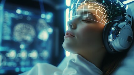 Woman using futuristic virtual reality headset with brainwave analysis for immersive digital experience in a high-tech lab setting.