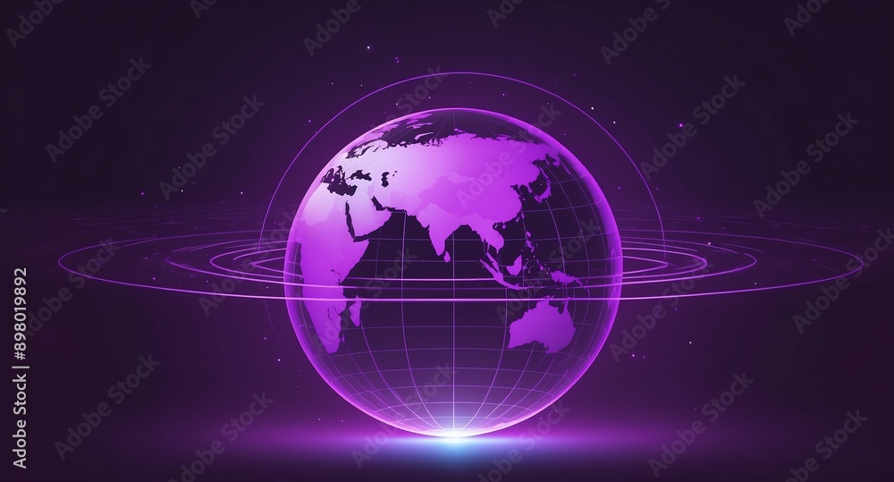 Poster purple hologram earth globe projection grid technology abstract background with copy space