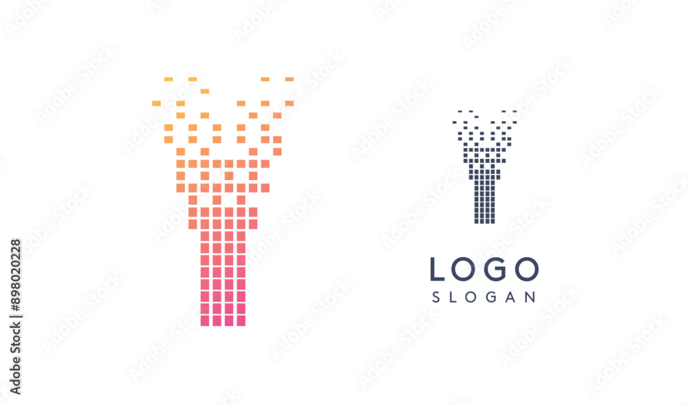 Aufkleber Pixelated Letter Y transitioning into scattered pixels with gradient colors creating modern, digital effect like equalizer. Abstract logo for tech software and digital media. Vector illustration.