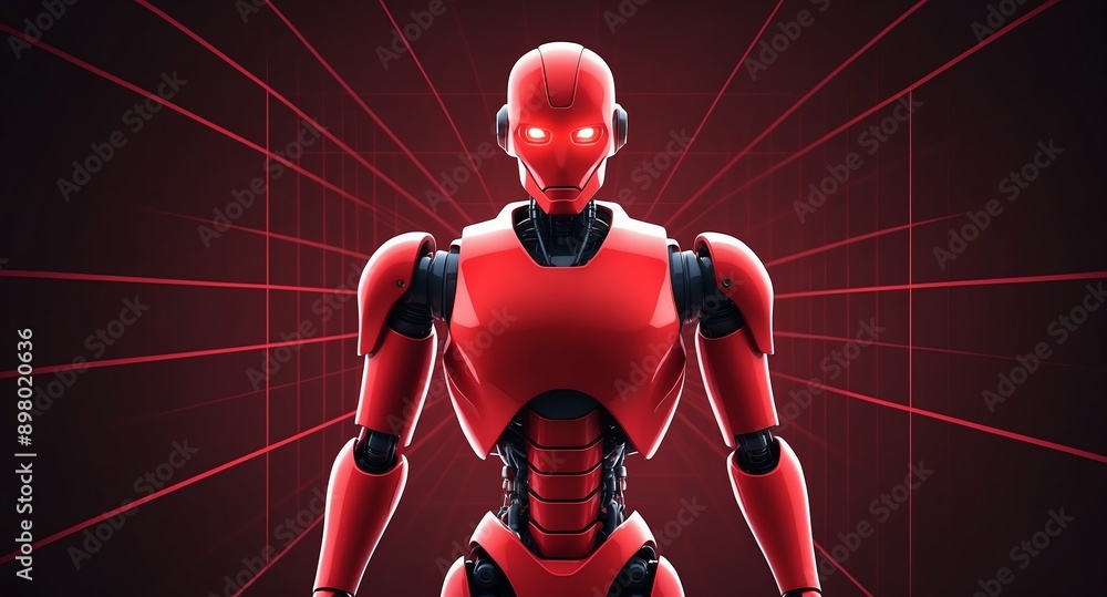 Poster red hologram robot humanoid projection grid technology abstract background with copy space