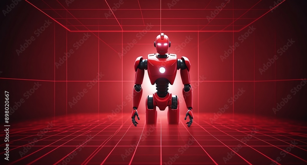 Poster red hologram robot humanoid projection grid technology abstract background with copy space