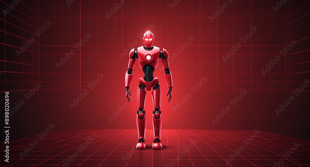 Poster red hologram robot humanoid projection grid technology abstract background with copy space