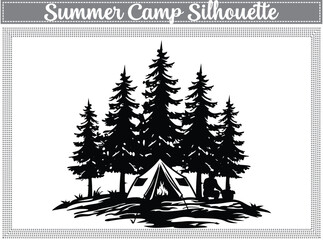 Camping tent silhouette, Tourist mountains tent vector silhouette. The scene depicts a peaceful couple, serene and in love, with their tents.